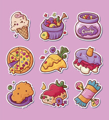 Popular Foods and Treats Printable Stickers Vector illustration set