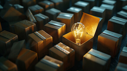 A light bulb inside a box among many boxes on a dark background, a creative idea concept with copy space