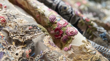 Intricate floral details and rich textures of vintage fabrics, such as lace, embroidery, or tapestries, highlighting their timeless elegance 