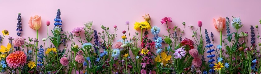 A vibrant wildflower field set against an isolated pastel pink background, offering ample copy space below