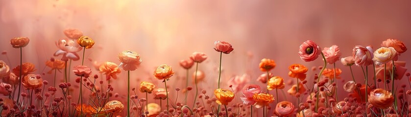 Obraz premium Wildflower field, vibrant colors, isolated pastel pink background, copy space bottom