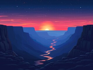 A winding river flows through a valley, set against a backdrop of sunset colors, with an isolated blue background and ample bottom space for text