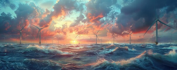 Offshore wind turbines, ocean waves, renewable energy, vibrant colors, photorealistic, hightech design