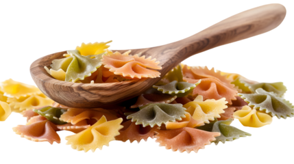 Pasta farfalle tricolore pile made from durum wheat with wooden spoon isolated on a transparent background