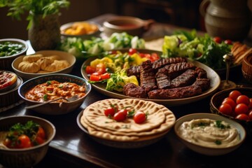 A delicious and healthy Mediterranean feast, featuring grilled meats, fresh salads, and hummus.