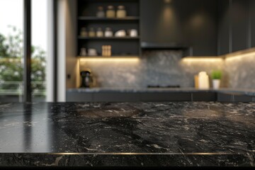 Contemporary dark marble kitchen island for product display on blurry interior background