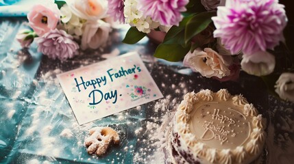A close-up shot of a Father's Day celebration table, featuring a beautifully arranged bouquet of fresh flowers, a handwritten card with a frosting that reads "Happy Father's Day." 