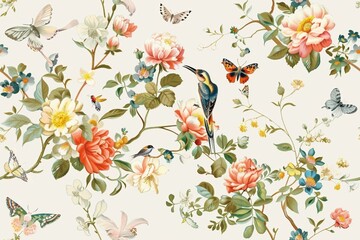 Seamless Pattern with Floral Arrangements, Birds, and Butterflies
