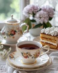 Fototapeta premium Exquisite tea setting with a cup of tea, a fancy cake, and fresh flowers