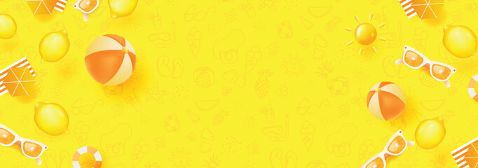Summer banner tropical beach vibes yellow background with hand drawn summer icons and copy space © bokmok