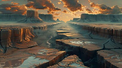 The image shows a beautiful landscape with a canyon and a river running through it. The sky is a bright orange and the cliffs are a deep red.