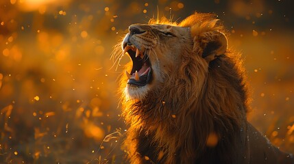 Naklejka premium A powerful lion roars with its mouth wide open, showcasing its sharp teeth and fierce expression.