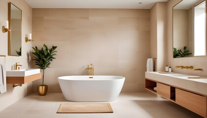 Fototapeta premium Modern Bathroom Interior with White Fixtures and Neutral Decor Featuring a Bathtub, Sink, and Vanity Mirror.