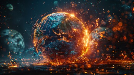 Obraz premium The image shows a planet engulfed in flames. The planet is surrounded by a fiery atmosphere.