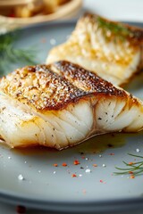 Perfectly grilled cod fillet with golden crust on a modern plate