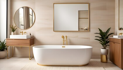 Luxurious bathroom with a modern bathtub framed blank poster, and rustic decorations on a textured background, imbued with natural light. 3D render