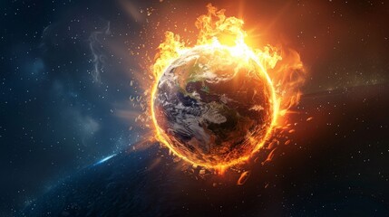 The image shows a planet on fire. The planet is surrounded by flames and looks like it is about to explode. The background is a dark space with stars.