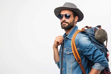 A man wearing a denim shirt, sunglasses, hat, and backpack standing on a white background. Generative AI