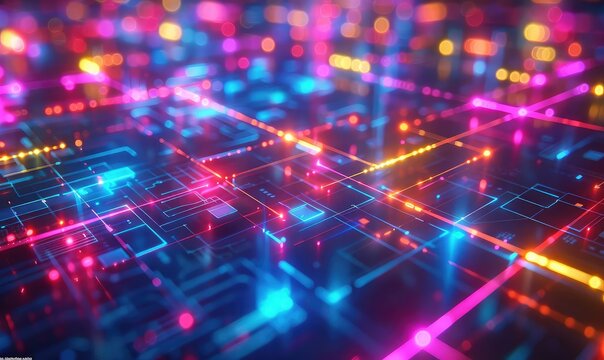 Quantum computing network, interconnected qubits, glowing neon lines, abstract and futuristic, vibrant colors, high resolution