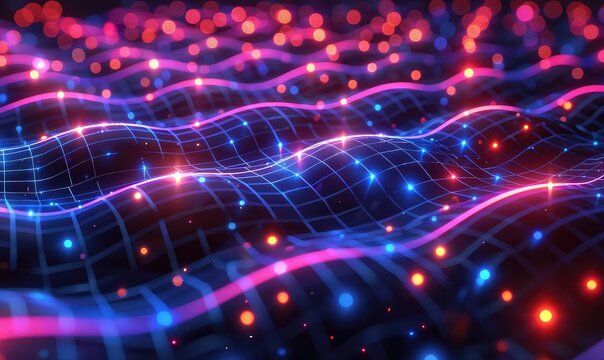 Quantum computing network, interconnected qubits, glowing neon lines, abstract and futuristic, vibrant colors, high resolution