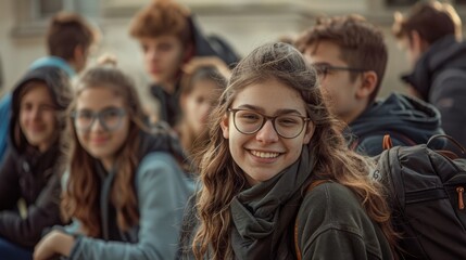 Obraz premium A joyful teenage girl with glasses smiles brightly among a group of friends in a casual outdoor setting, representing youth and friendship