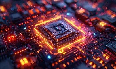 Obraz premium Quantum processor chip, closeup view, intricate circuits, glowing neon lights, hightech design, photorealistic