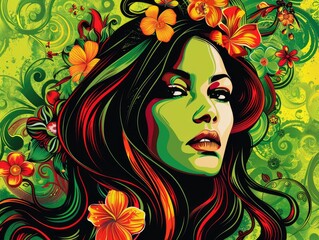 Naklejka premium Flowers on women's faces, green illustrations