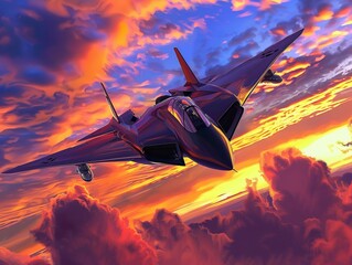 An artistic rendition of a fighter plane soaring through a vibrant sunset sky      , Futuristic , Cyberpunk
