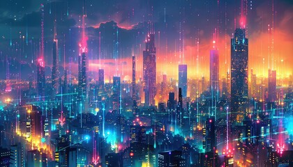 Fototapeta premium Smart city infrastructure, connected sensors, glowing data lines, urban landscape, vibrant colors, hightech design