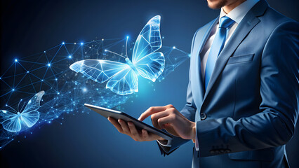 Abstract Digital Butterfly Emerging from Tablet: Technology Evolution and Innovation. Perfect for: Technology Evolution Showcases, Innovation Conferences, Digital Transformation Events.
