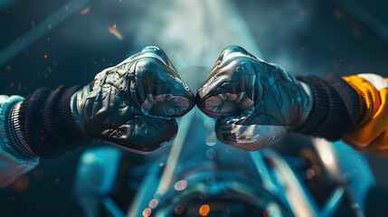 fist bump of two race car drivers gloved hands