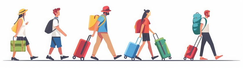 Illustration of a group of diverse travelers walking in a row with colorful luggage on a white background.