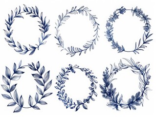 Obraz premium Set of six watercolor wreaths in blue tones, showcasing delicate leaves in a circular arrangement, perfect for wedding invitations and decorations.