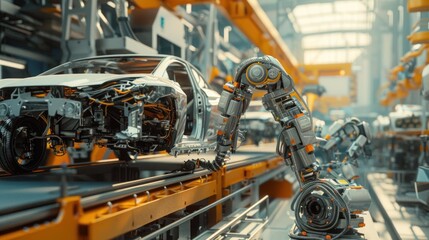 Fototapeta premium A robot is working in a car factory.