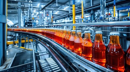 An advanced automated beverage production line operates within a modern industrial factory.