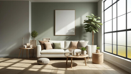 Modern Minimalist Living Room with White Sofa and Light Green Accents