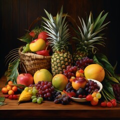 Exotic tropical fruits still life arrangement on wooden table with pineapples, coconuts, and mangoes