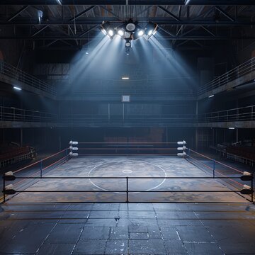 A calm before the storm scene showing an empty wrestling ring in an indoor facility, with spotlight highlighting the competition area, great for event promotions and venue advertisements.