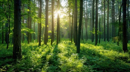 Obraz premium Lush green forest with tall trees and sunlight filtering through, copy space