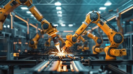 In an intelligent automotive factory, engineers oversee and control welding robotics' automatic arm machines using monitoring system software for digital manufacturing operations.