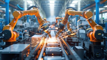 In an intelligent automotive factory, engineers oversee and control welding robotics' automatic arm machines using monitoring system software for digital manufacturing operations.