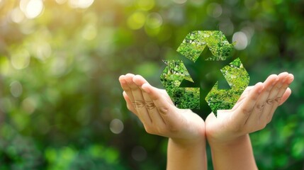 The concept of a recycling program and green waste management system is outlined with hands.