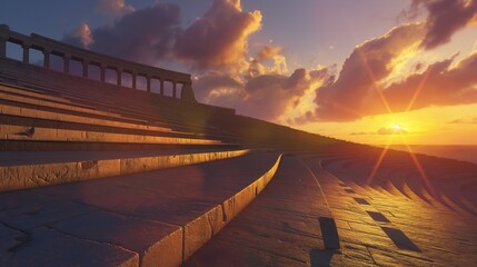 A 3D architectural render of an ancient amphitheater at sunset, with long shadows cast by the setting sun and an atmosphere filled with history. 32k, full ultra hd, high resolution - Powered by Adobe