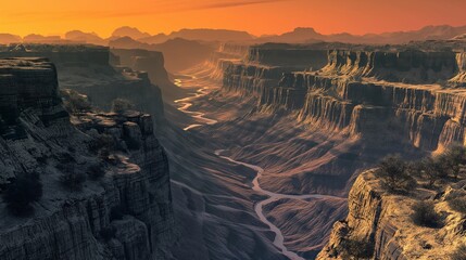 A 3D canyon landscape at sunset, with dramatic cliffs and a river winding through the valley, under a gradient orange sky. 32k, full ultra hd, high resolution