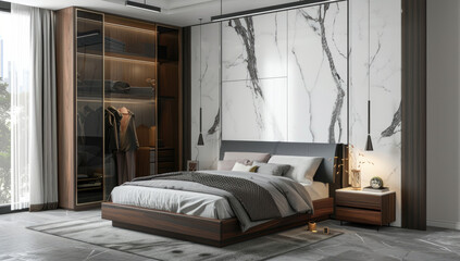Interior of a bedroom with large bed, shelf and marble floor. Created with Ai
