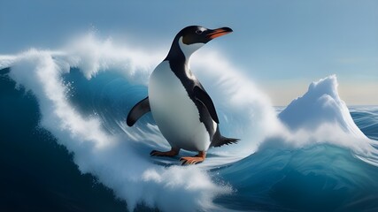 Fototapeta premium A penguin shredding on an iceberg like a snowboarder, leaving a trail of snow