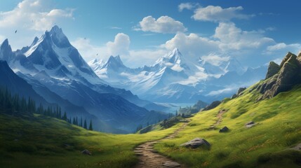 Fototapeta premium Tranquil mountain landscape featuring winding hiking trails leading to snow-capped peaks