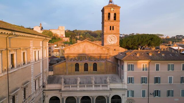 Cinematic Establishing Aerial Shot Above Basilica of Santa Maria in Trastevere. Rome, Italy