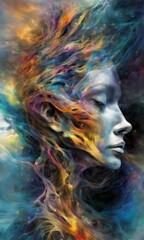 Surreal portrait of a woman blended with a vibrant cosmic backdrop, exuding a dreamlike and ethereal quality.. AI Generation