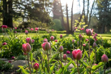 Sunlit Garden with Pink Tulips